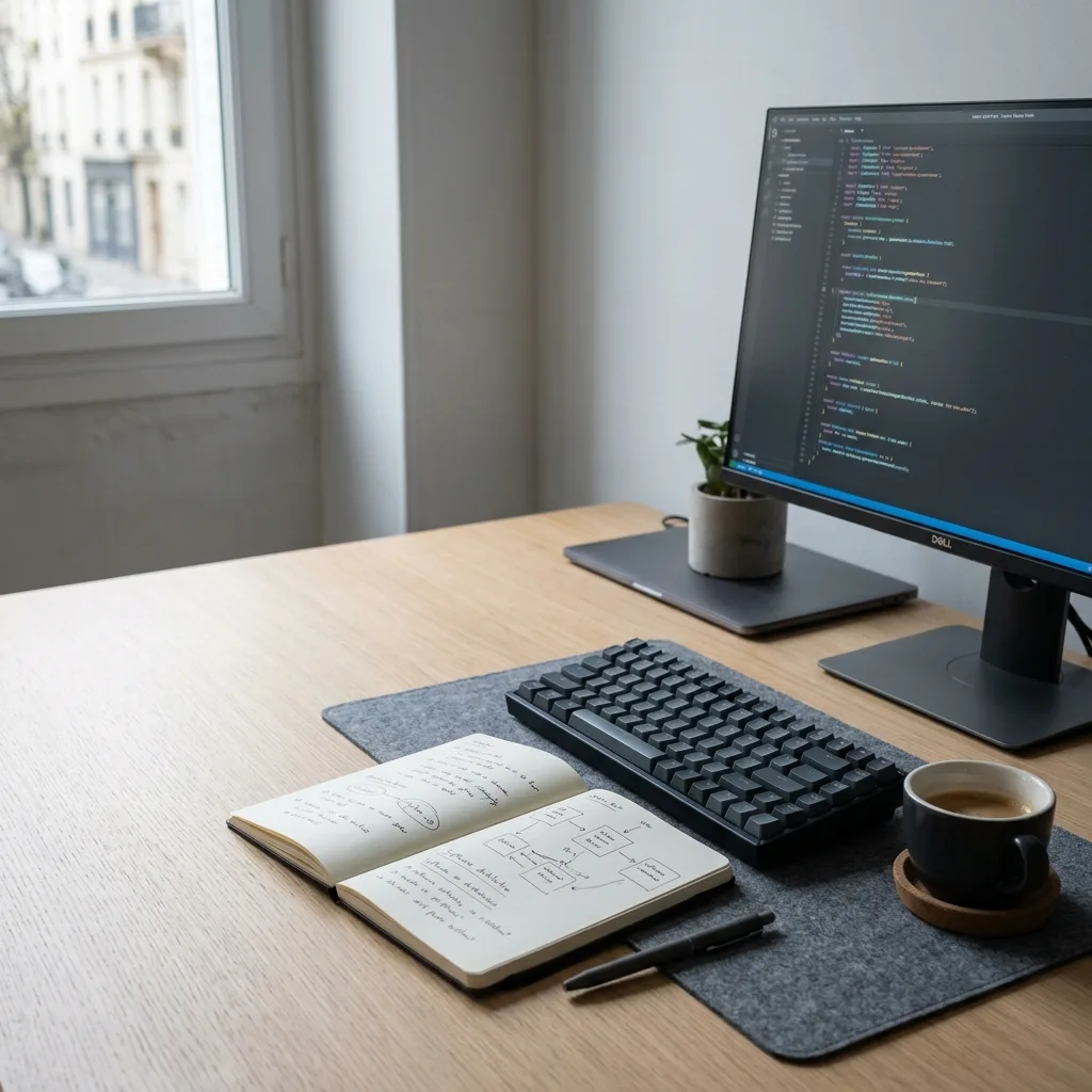Un poste de travail sobre près d'une fenêtre : un écran affichant du code, un clavier, un carnet ouvert couvert de schémas dessinés à la main et une tasse de café.