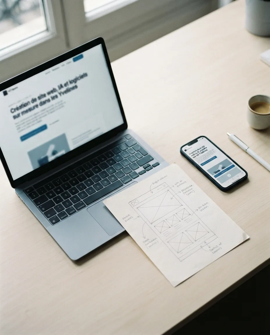 Sur un bureau en bois clair, un ordinateur portable affiche une page d'accueil de site web, à côté d'un téléphone montrant la même page en version mobile et d'un croquis de maquette dessiné à la main.