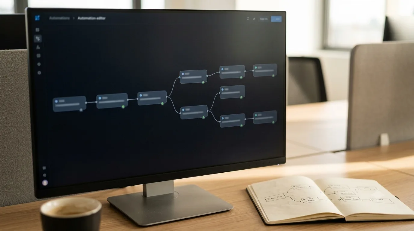 Un écran affiche un éditeur de workflow d'automatisation : une dizaine de nœuds reliés de gauche à droite, avec une branche au milieu. À côté, un carnet ouvert montre le même enchaînement dessiné à la main.