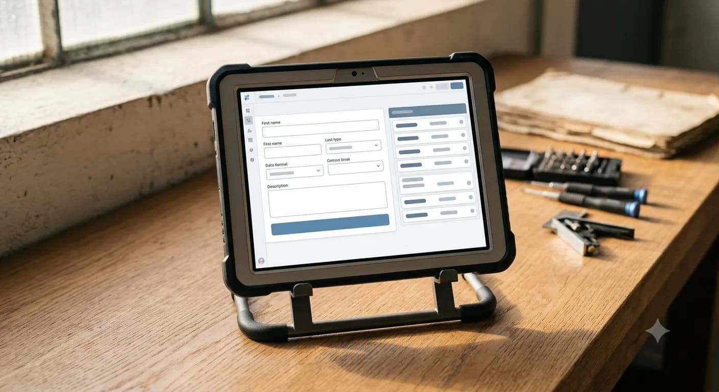 Sur l'établi d'un atelier, une tablette durcie affiche une application métier : un formulaire de saisie à gauche, une liste d'enregistrements à droite. Des outils sont rangés à côté.