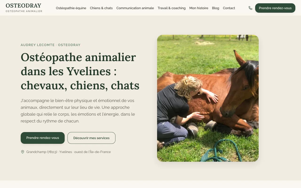 Page d'accueil du site OSTEODRAY : le titre « Ostéopathe animalier dans les Yvelines » à côté d'une photo d'Audrey Lecomte soignant un cheval couché dans un pré.